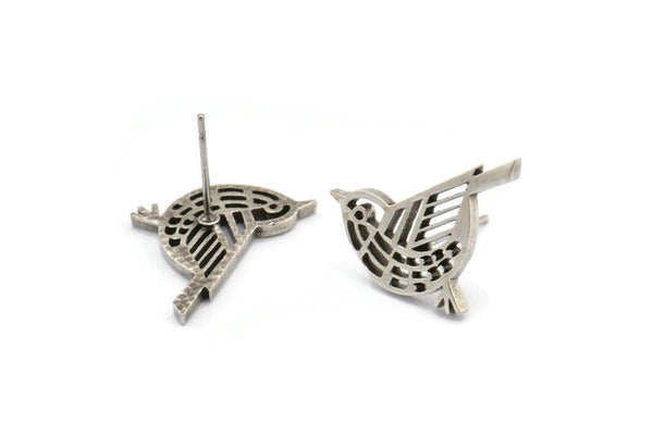 Silver Bird Earring, 4 Antique Silver Plated Brass Bird Stud Earrings (13x20x1.3mm) N1755 Q0482