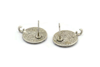Silver Round Earring, 2 Antique Silver Plated Brass Eye Shaped Round Stud Earrings With 1 Loop (17x14x1.5mm) N1850