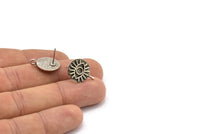 Silver Round Earring, 2 Antique Silver Plated Brass Eye Shaped Round Stud Earrings With 1 Loop (17x14x1.5mm) N1850