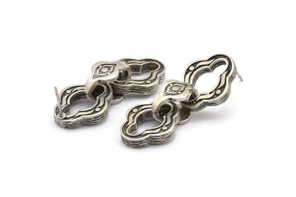 Silver Chain Earring, 2 Antique Silver Plated Brass Soldered Chain Stud Earrings N1822