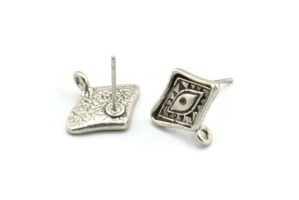 Silver Eye Earring, 4 Antique Silver Plated Brass Eye Stud Earrings With 1 Loop (14mm) N1641 H1161