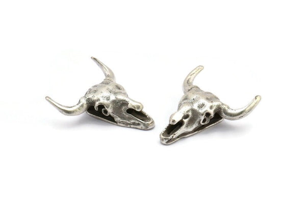 Ox Head Skull Pendant, 2 Antique Silver Plated Brass Ox Head Skull Charms, Pendants (25x26mm) N0150 H0069