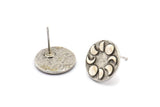 Silver Round Earring, 4 Antique Silver Plated Brass Moon Phases Shaped Round Stud Earrings (14x1.5mm) N1851