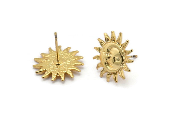 Gold Sun Earring, 2 Gold Plated Brass Sun Stud Earrings (17mm) N1527