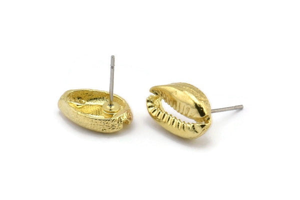 Brass Shell Earring, 4 Raw Brass Cowrie Shell Stud Earrings (14x9mm) N0938