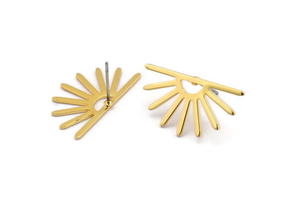 Gold Sun Earring, 6 Gold Plated Brass Sun Stud Earrings (25x13x0.70mm) M01397 A2410