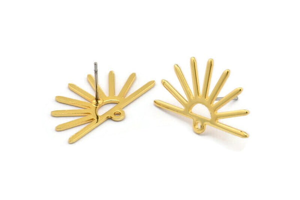 Gold Sun Earring, 6 Gold Plated Brass Sun Stud Earrings With 1 Loop (25x16x0.70mm) M01392 A2394