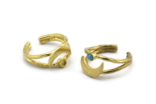 Brass Ring Setting, Raw Brass Moon And Planet Ring With 1 Stone Settings - Pad Size 3mm N1272