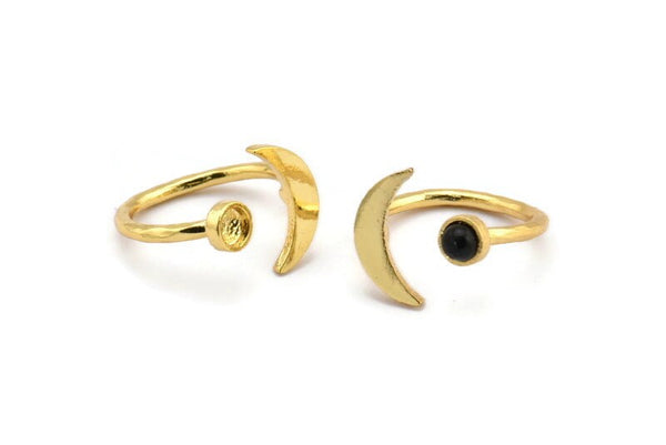 Gold Ring Settings, 2 Gold Plated Brass Moon And Planet Ring With 1 Stone Setting - Pad Size 4mm N0799 Q0816
