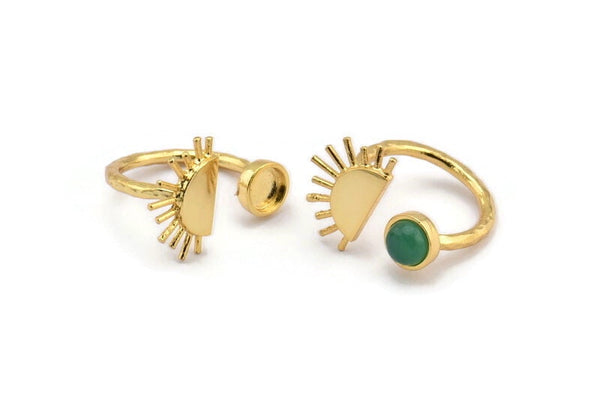 Gold Ring Settings, Gold Plated  Brass Moon And Planet Ring With 1 Stone Setting - Pad Size 6mm R054 Q0605