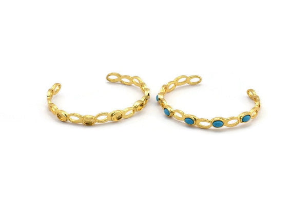 Gold Geometric Cuff, Gold Plated Brass Geometric Bracelet Oval Shaped Stone Setting With 5 Pad - Pad Size 4x6mm N1771
