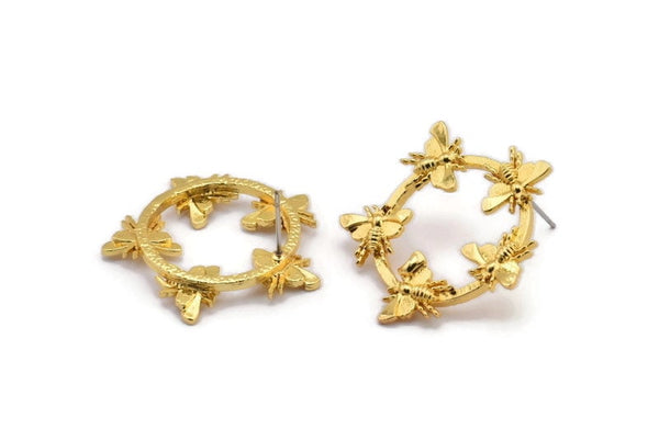 Gold Bee Earring, 2 Gold Plated Brass Bee Stud Earrings (29x4mm) N1752