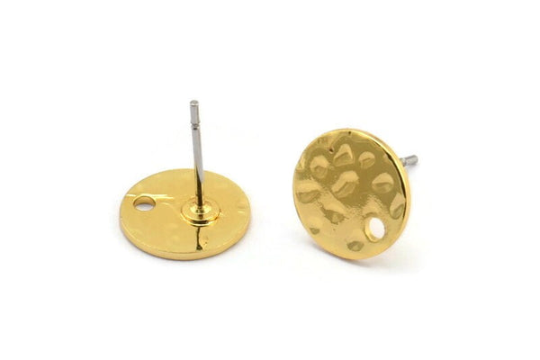 Gold Round Earring, 8 Hammered Gold Plated Brass Round Stud Earrings With 1 Hole (10x0.80mm) M01520 A2441