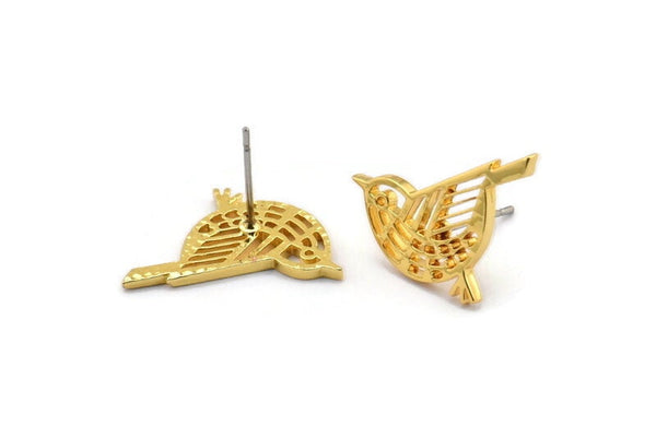 Gold Bird Earring, 2 Gold Plated Brass Bird Stud Earrings (13x20x1.3mm) N1755 Q0482