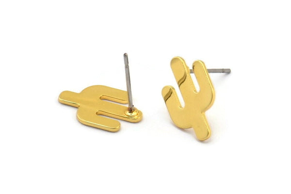 Gold Cactus Earrings, 6 Gold Plated Brass Cactus Stud Earrings (14x9x0.90mm) M02614 A2591 Q0671