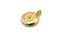Gold Round Charm, 2 Gold Plated Brass Round Charms With Cubic Zircon And 1 Loop, CZ Pave Circle Charm, Pendants (16x13x2mm) N1800