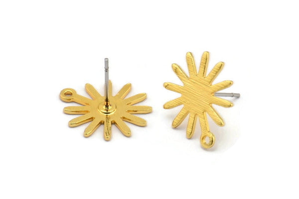 Gold Sun Earring, 6 Textured Gold Plated Brass Sun Stud Earrings With 1 Loop (17x15x0.80mm) M01301 A2393
