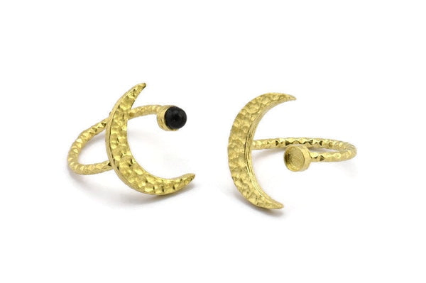 Brass Ring Settings, Hammered Raw Brass Moon And Planet Ring With 1 Stone Setting - Pad Size 4mm N1151