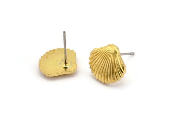 Brass Shell Earring, 8 Raw Brass Sea Shell Stud Earrings, Findings (13x11x2mm) D994 A1225