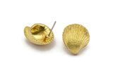 Brass Shell Earring, 2 Raw Brass Sea Shell Stud Earrings (18x16mm) N0940