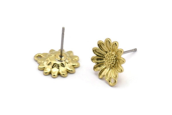 Brass Flower Earring, 8 Raw Brass Flower Stud Earrings With 1 Hole (11x13mm) N1203