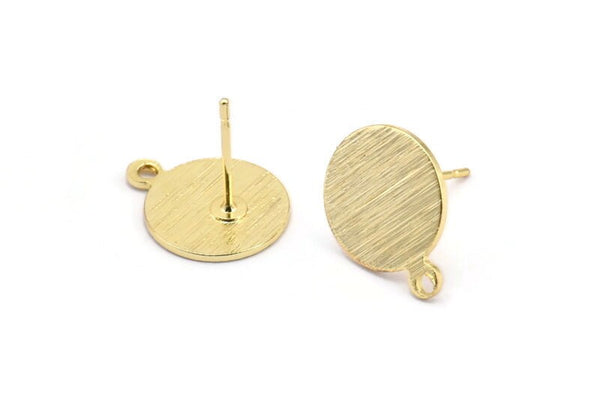 Gold Round Earring, 4 Textured Gold Plated Brass Round Earring Studs (15x12x0.80mm) M341 A1551 Q1090