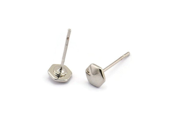 Silver Hexagon Earring, 8 Silver Tone Brass Hexagon Stud Earrings (5x1.5mm) D1430 A1379