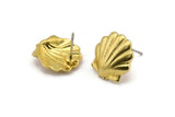 Brass Shell Earring, 4 Raw Brass Sea Shell Stud Earrings (15x14mm) N0944