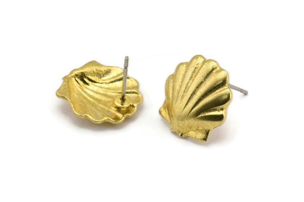 Brass Shell Earring, 4 Raw Brass Sea Shell Stud Earrings (15x14mm) N0944