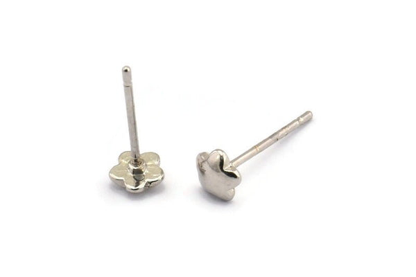 Silver Flower Earring, 10 Silver Tone Brass Flower Stud Earrings (5mm) D1408