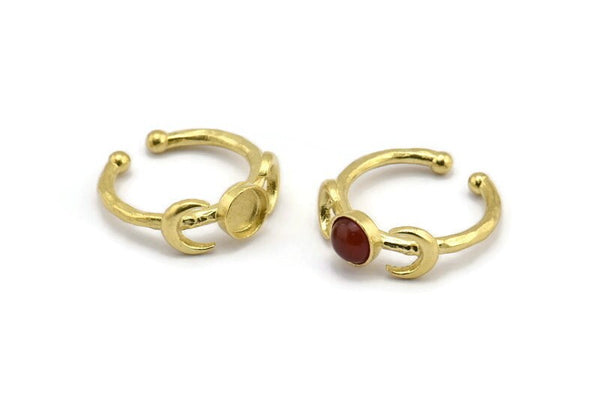 Brass Ring Settings, 3 Raw Brass Moon And Planet Ring With 1 Stone Setting - Pad Size 6mm N1159