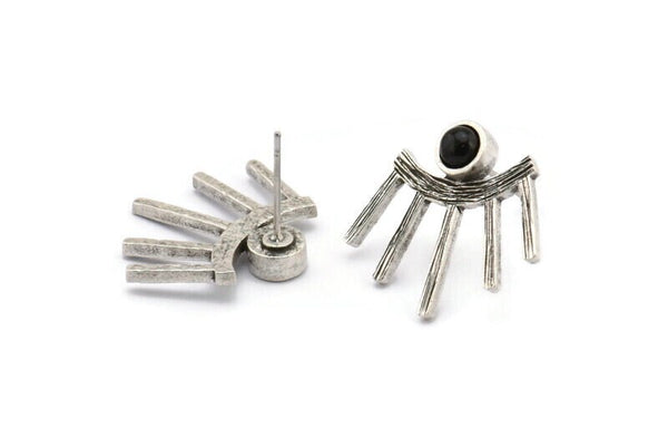 Silver Eye Earring, 2 Antique Silver Plated Brass Eye Stud Earrings - Stone Setting - Pad Size 4mm (20x23x1.5mm) N1703