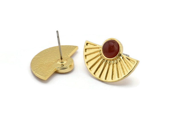 Gold Sun Earring, 2 Gold Plated Brass Sunshine Stud Earrings - Pad Size 6mm (22x15mm) N1115