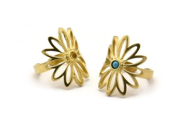 Brass Flower Ring, 2 Raw Brass Flower Rings With 1 Stone Settings - Pad Size 3mm N1849