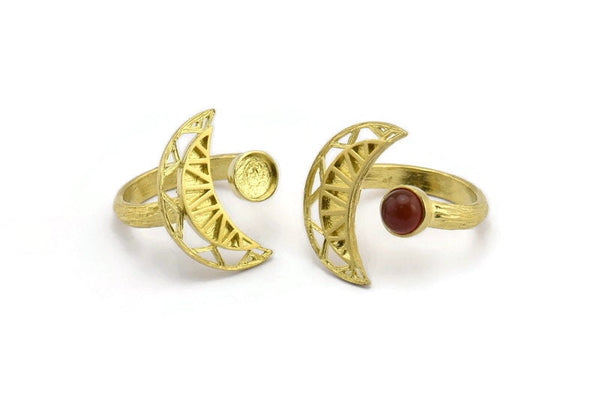 Brass Ring Setting, 2 Raw Brass Moon And Planet Ring With 1 Stone Settings - Pad Size 6mm N1273
