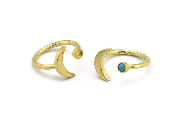 Brass Ring Settings, Raw Brass Moon And Planet Ring With 1 Stone Setting - Pad Size 3mm N1020