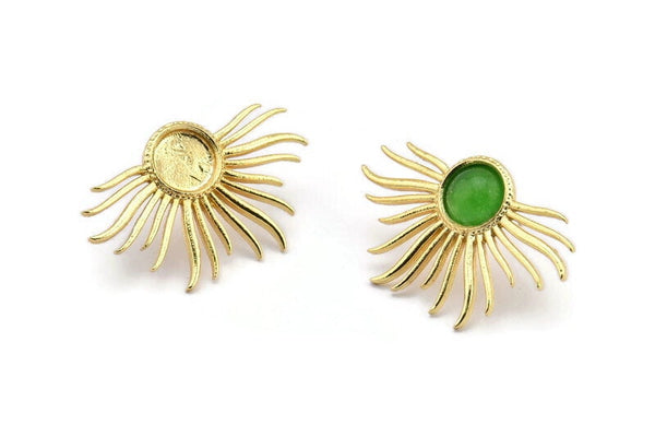Gold Sun Earring, 2 Gold Plated Brass Sunshine Stud Earrings - Pad Size 8mm N0802 Q0805