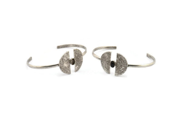 Silver Geometric Cuff,  Antique Silver Plated Brass Geometric Cuff Stone Setting With 1 Pad -  Pad Size 6x4mm R068