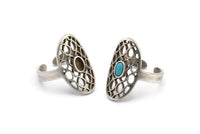 Silver Royal Ring, 2 Antique Silver Plated Brass Royal Rings With 1 Stone Settings - Pad Size 5x3mm N1954 H1489