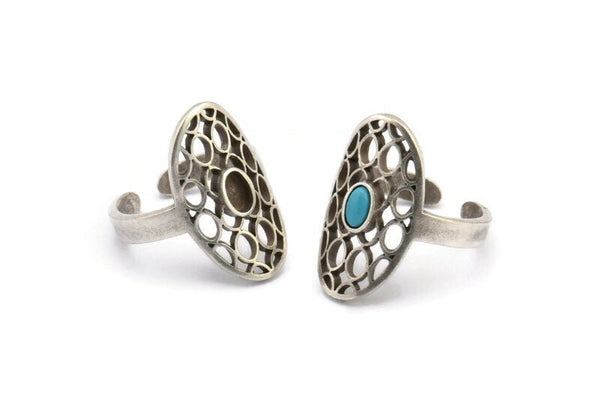 Silver Royal Ring, 2 Antique Silver Plated Brass Royal Rings With 1 Stone Settings - Pad Size 5x3mm N1954 H1489