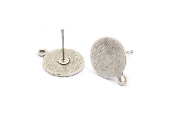 Silver Round Earring, 8 Textured Antique Silver Plated Brass Round Earring Studs (15x12x0.80mm) M341 A1551
