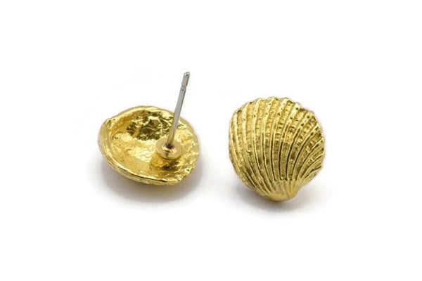 Brass Shell Earring, 4 Raw Brass Sea Shell Stud Earrings (12mm) N0942