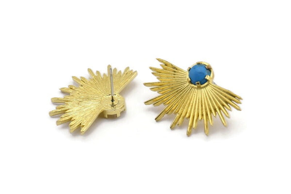Brass Sunshine Earring, 2 Raw Brass Sunshine Badge Stud Earrings - Pad Size 6mm (31x21mm) N0769
