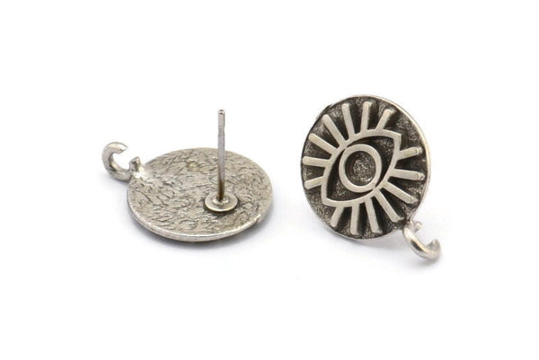 Silver Round Earring, 2 Antique Silver Plated Brass Eye Shaped Round Stud Earrings With 1 Loop (17x14x1.5mm) N1850