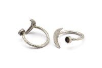 Silver Ring Settings, 2 Antique Silver Plated Brass Moon And Planet Ring With 1 Stone Setting - Pad Size 4mm N0799 H0879