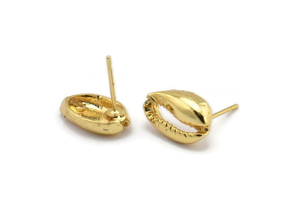 Gold Shell Earring, 4 Gold Plated Brass Cowrie Shell Stud Earrings (14x9mm) N0938