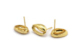 Gold Shell Earring, 4 Gold Plated Brass Cowrie Shell Stud Earrings (14x9mm) N0938