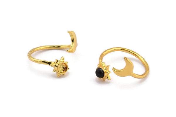 Gold Ring Setting, 2 Gold Plated Brass Moon And Sun Rings With 1 Stone Setting - Pad Size 4mm N1780 H0867
