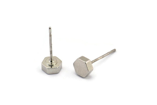 Silver Hexagon Earring, 8 Silver Tone Brass Hexagon Stud Earrings (5x2mm) D0127 A1315