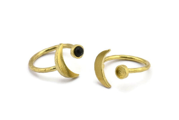 Brass Ring Settings, Raw Brass Moon And Planet Ring With 1 Stone Setting - Pad Size 4mm N0799